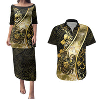 Personalised Niue Couples Matching Puletasi and Hawaiian Shirt Niuean Crab Waves Style DT05 Gold - Polynesian Pride