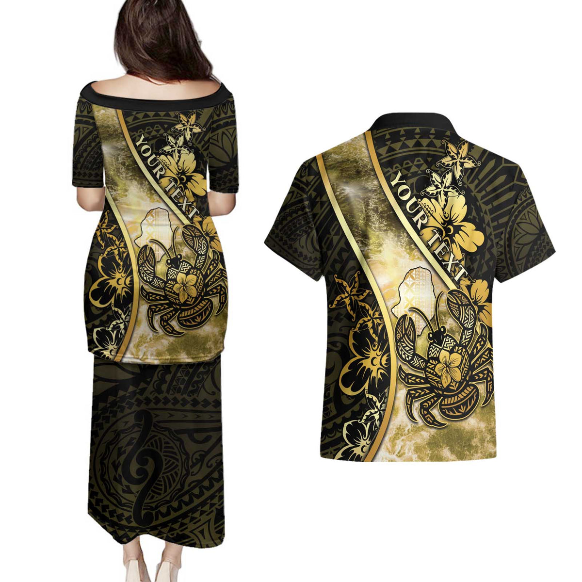 Personalised Niue Couples Matching Puletasi and Hawaiian Shirt Niuean Crab Waves Style DT05 - Polynesian Pride