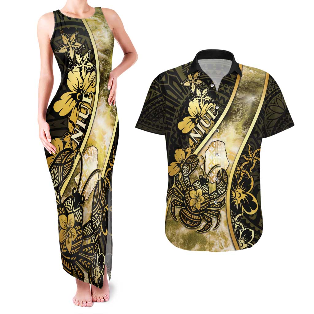 Personalised Niue Couples Matching Tank Maxi Dress and Hawaiian Shirt Niuean Crab Waves Style