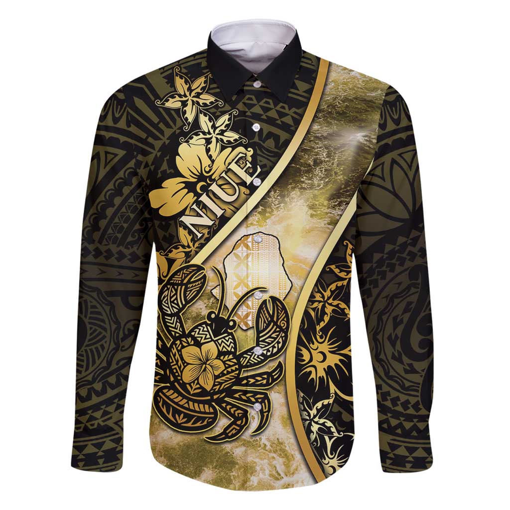 Personalised Niue Family Matching Long Sleeve Bodycon Dress and Hawaiian Shirt Niuean Crab Waves Style