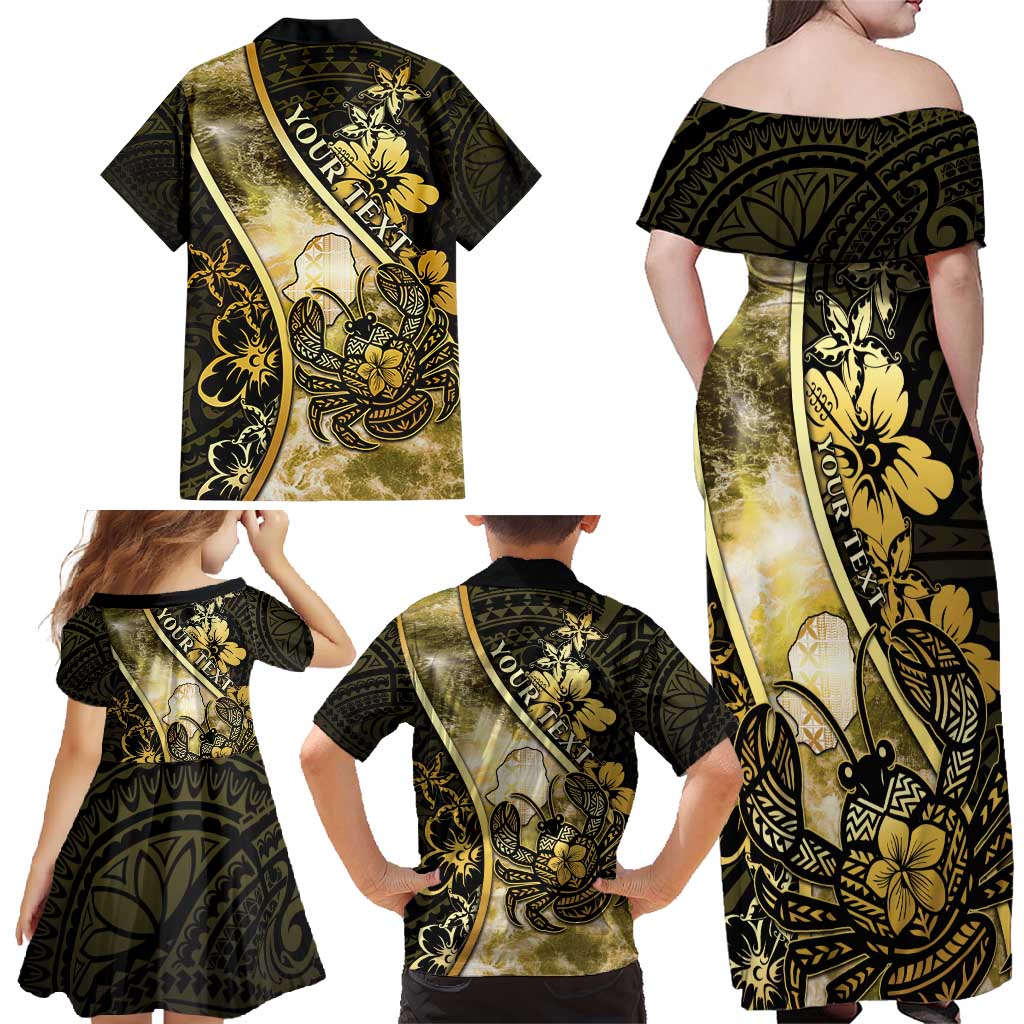Personalised Niue Family Matching Off Shoulder Maxi Dress and Hawaiian Shirt Niuean Crab Waves Style