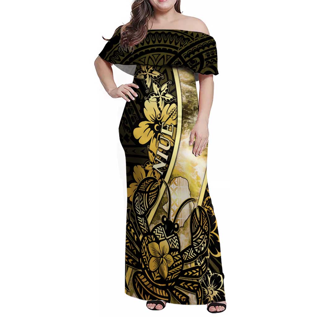 Personalised Niue Family Matching Off Shoulder Maxi Dress and Hawaiian Shirt Niuean Crab Waves Style