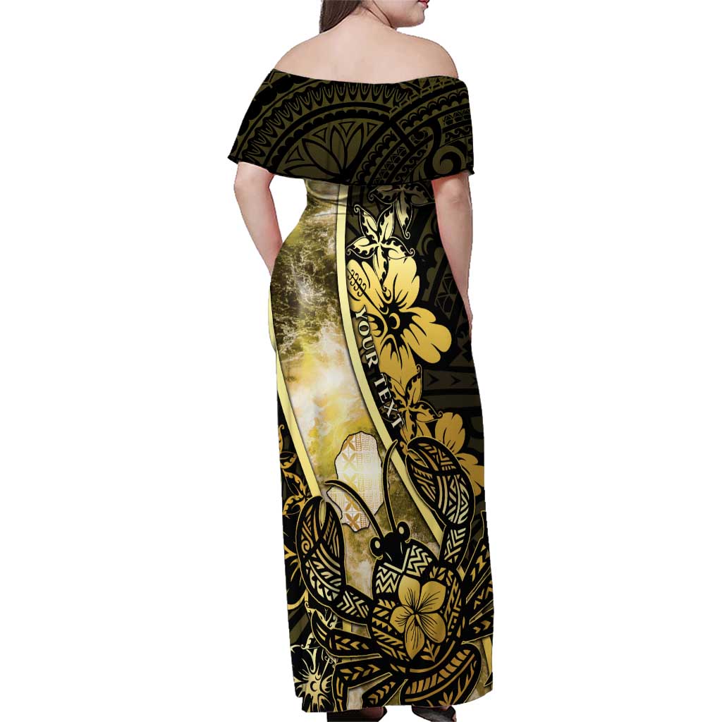 Personalised Niue Family Matching Off Shoulder Maxi Dress and Hawaiian Shirt Niuean Crab Waves Style