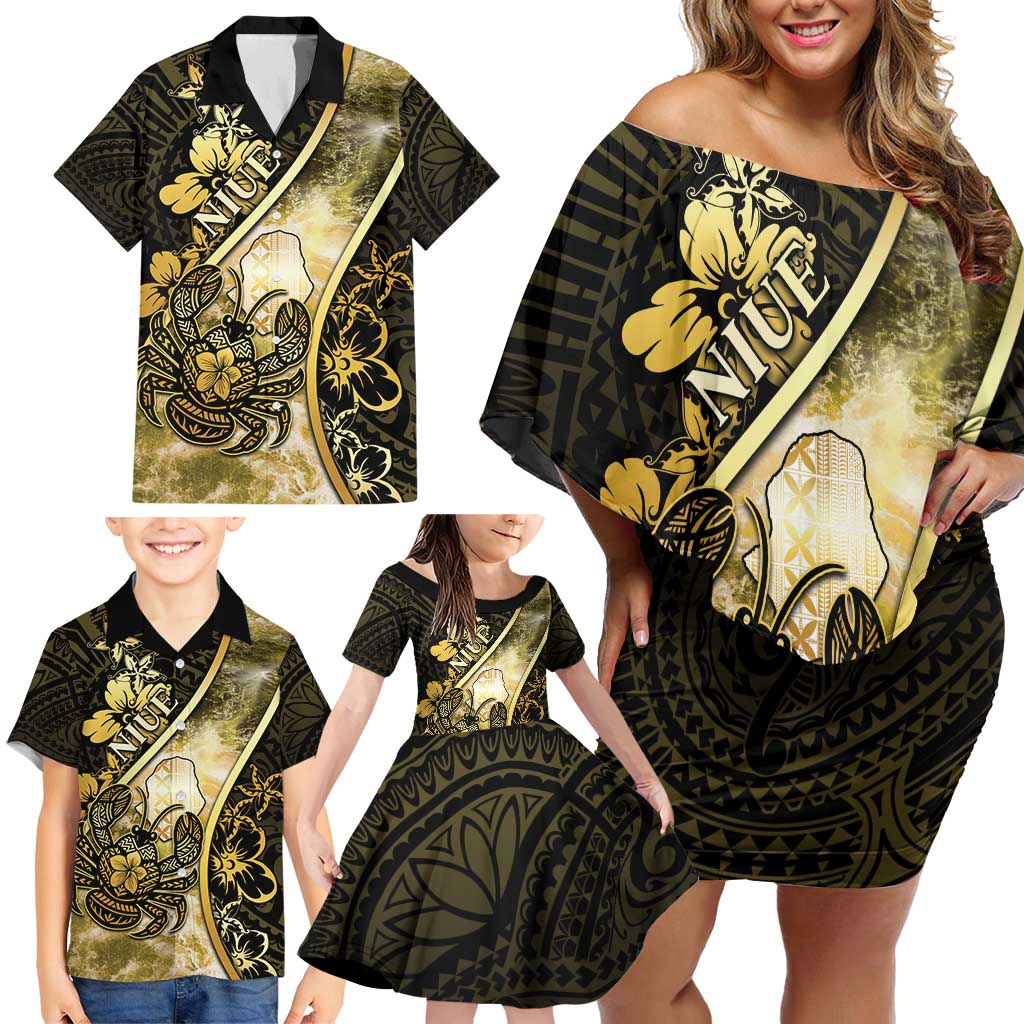 Personalised Niue Family Matching Off Shoulder Short Dress and Hawaiian Shirt Niuean Crab Waves Style