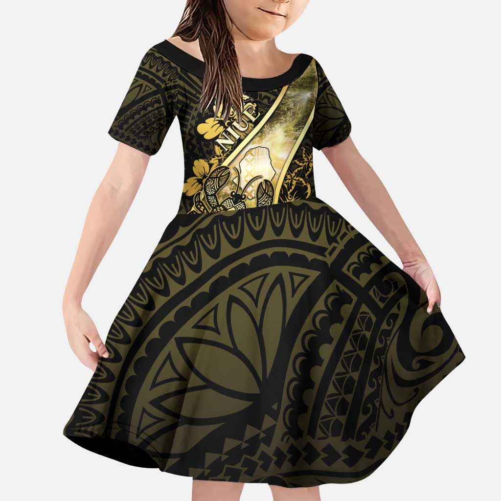 Personalised Niue Family Matching Puletasi and Hawaiian Shirt Niuean Crab Waves Style DT05 Daughter's Dress Gold - Polynesian Pride