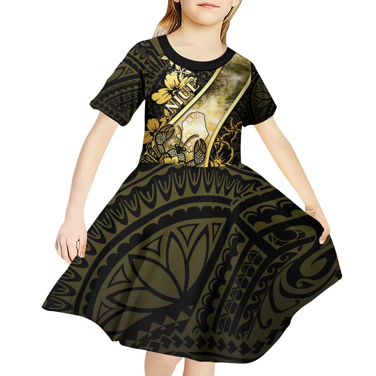 Personalised Niue Kid Short Sleeve Dress Niuean Crab Waves Style