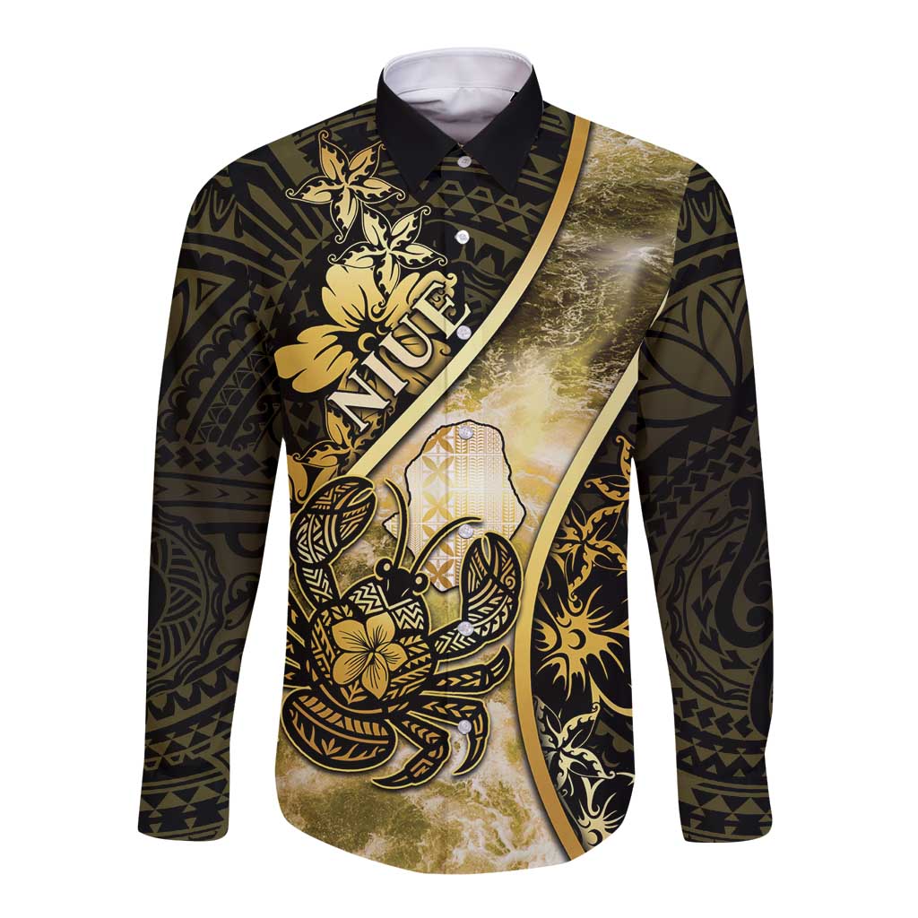 Personalised Niue Long Sleeve Button Shirt Niuean Crab Waves Style DT05 Unisex Gold - Polynesian Pride