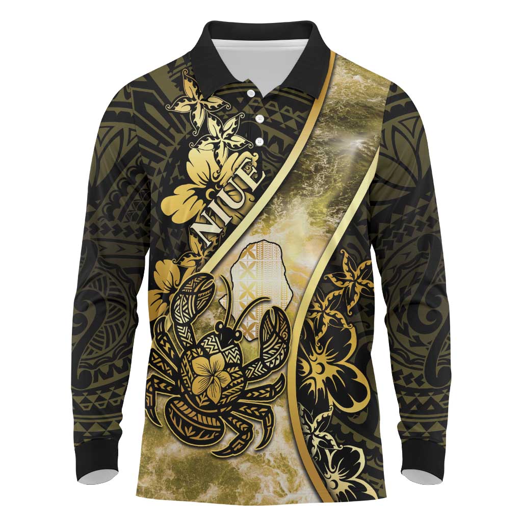 Personalised Niue Long Sleeve Polo Shirt Niuean Crab Waves Style