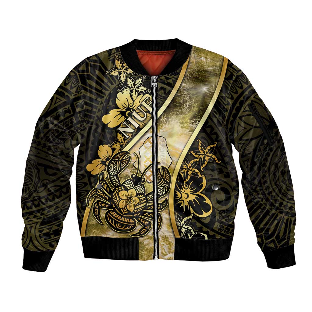 Personalised Niue Sleeve Zip Bomber Jacket Niuean Crab Waves Style