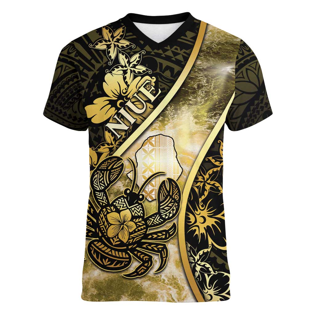 Personalised Niue Women V-Neck T-Shirt Niuean Crab Waves Style