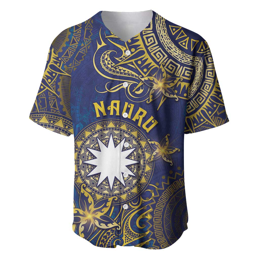 Personalised Nauru Baseball Jersey Hibiscus Polynesian Tribal Pattern