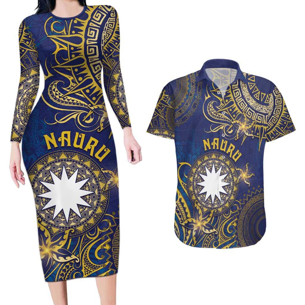 Personalised Nauru Couples Matching Long Sleeve Bodycon Dress and Hawaiian Shirt Hibiscus Polynesian Tribal Pattern