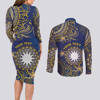 Personalised Nauru Couples Matching Long Sleeve Bodycon Dress and Long Sleeve Button Shirt Hibiscus Polynesian Tribal Pattern