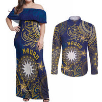 Personalised Nauru Couples Matching Off Shoulder Maxi Dress and Long Sleeve Button Shirt Hibiscus Polynesian Tribal Pattern