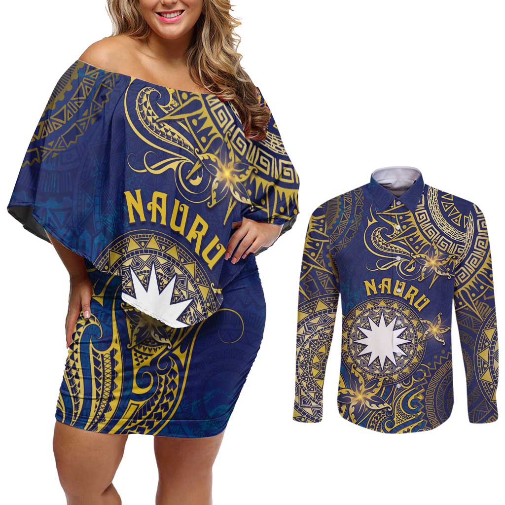 Personalised Nauru Couples Matching Off Shoulder Short Dress and Long Sleeve Button Shirt Hibiscus Polynesian Tribal Pattern