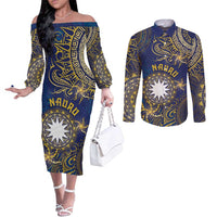 Personalised Nauru Couples Matching Off The Shoulder Long Sleeve Dress and Long Sleeve Button Shirt Hibiscus Polynesian Tribal Pattern