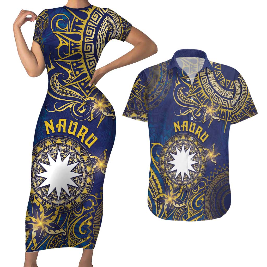Personalised Nauru Couples Matching Short Sleeve Bodycon Dress and Hawaiian Shirt Hibiscus Polynesian Tribal Pattern