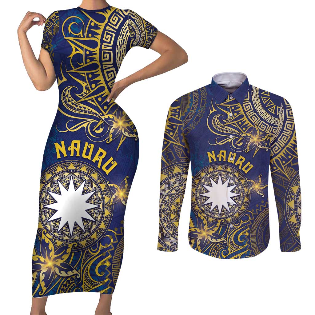 Personalised Nauru Couples Matching Short Sleeve Bodycon Dress and Long Sleeve Button Shirt Hibiscus Polynesian Tribal Pattern