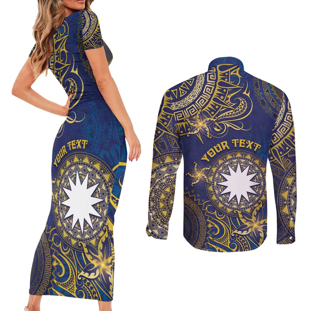 Personalised Nauru Couples Matching Short Sleeve Bodycon Dress and Long Sleeve Button Shirt Hibiscus Polynesian Tribal Pattern