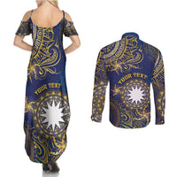 Personalised Nauru Couples Matching Summer Maxi Dress and Long Sleeve Button Shirt Hibiscus Polynesian Tribal Pattern