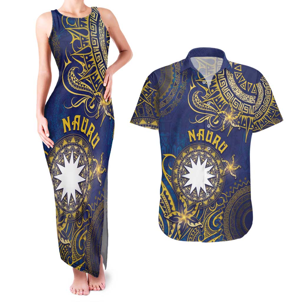 Personalised Nauru Couples Matching Tank Maxi Dress and Hawaiian Shirt Hibiscus Polynesian Tribal Pattern