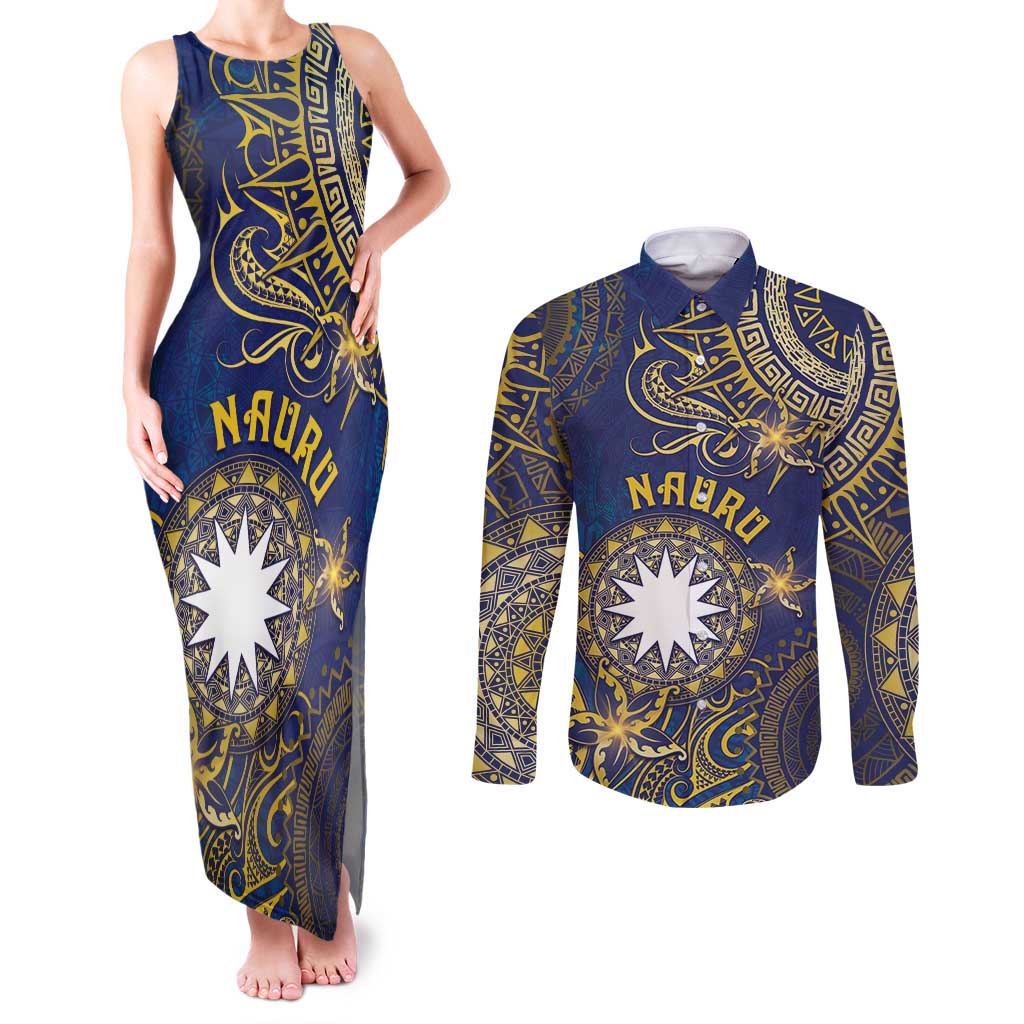 Personalised Nauru Couples Matching Tank Maxi Dress and Long Sleeve Button Shirt Hibiscus Polynesian Tribal Pattern