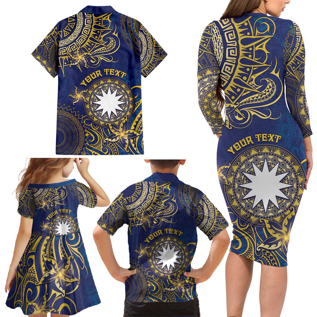 Personalised Nauru Family Matching Long Sleeve Bodycon Dress and Hawaiian Shirt Hibiscus Polynesian Tribal Pattern