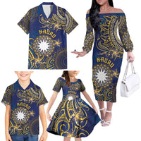 Personalised Nauru Family Matching Off The Shoulder Long Sleeve Dress and Hawaiian Shirt Hibiscus Polynesian Tribal Pattern