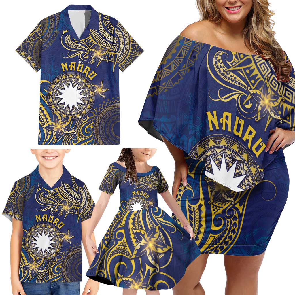 Personalised Nauru Family Matching Off Shoulder Short Dress and Hawaiian Shirt Hibiscus Polynesian Tribal Pattern