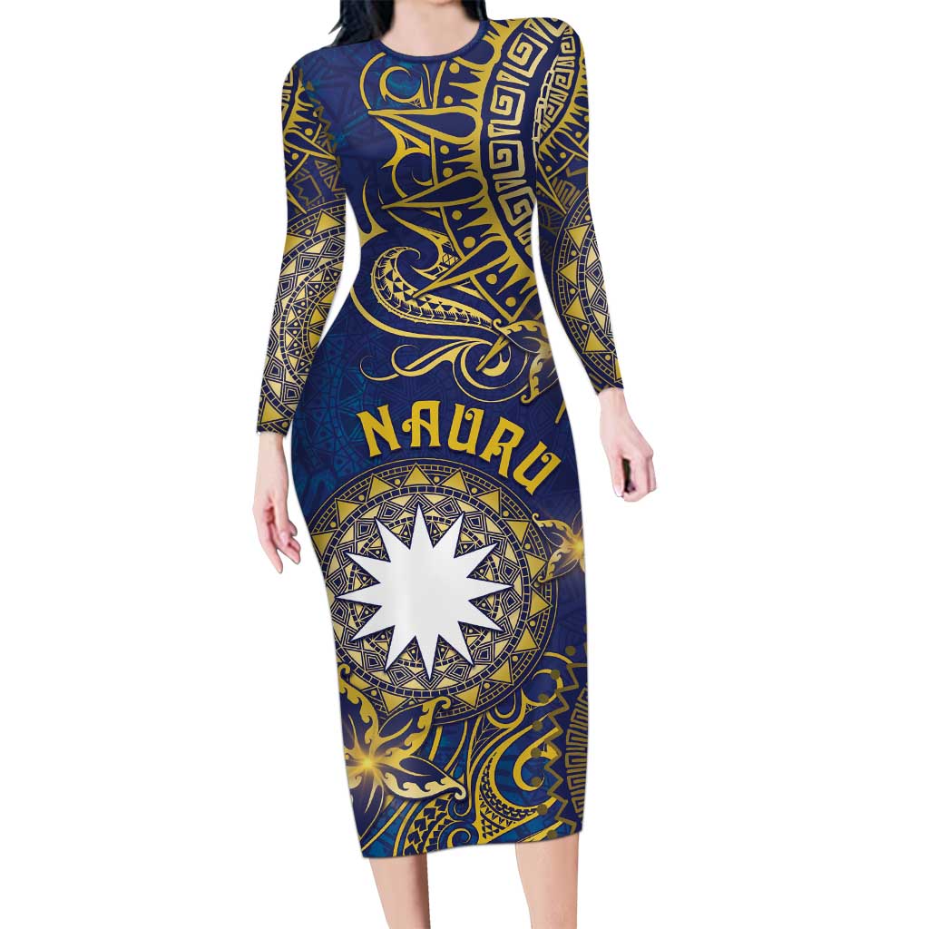 Personalised Nauru Long Sleeve Bodycon Dress Hibiscus Polynesian Tribal Pattern