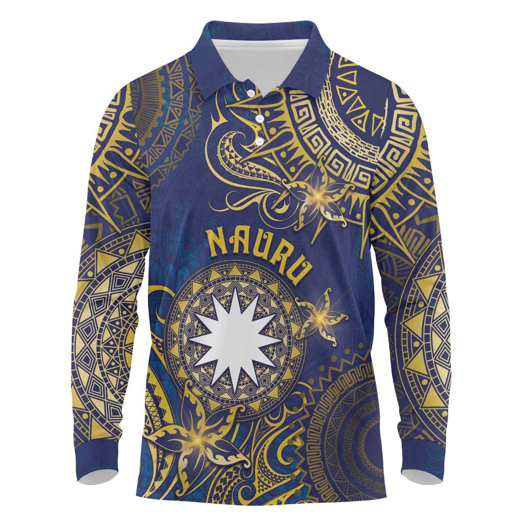 Personalised Nauru Long Sleeve Polo Shirt Hibiscus Polynesian Tribal Pattern