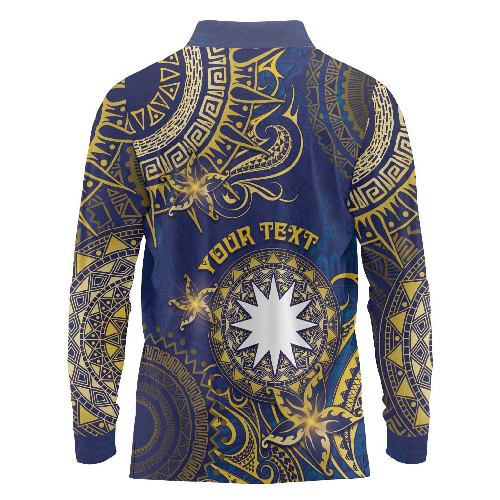 Personalised Nauru Long Sleeve Polo Shirt Hibiscus Polynesian Tribal Pattern