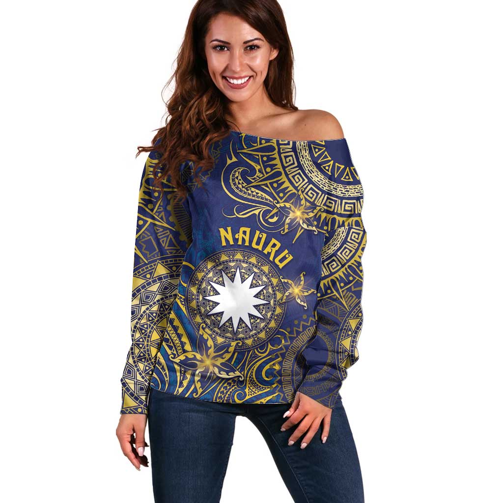 Personalised Nauru Off Shoulder Sweater Hibiscus Polynesian Tribal Pattern
