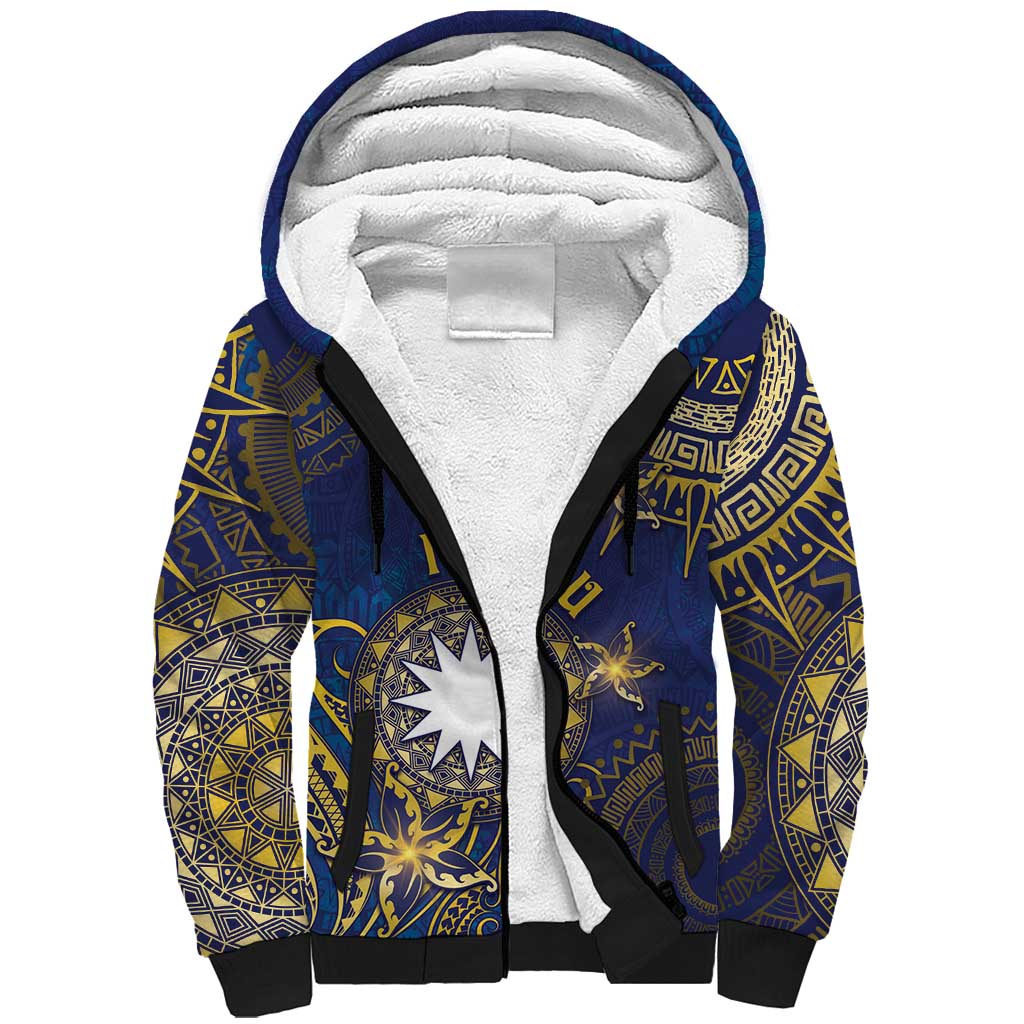 Personalised Nauru Sherpa Hoodie Hibiscus Polynesian Tribal Pattern