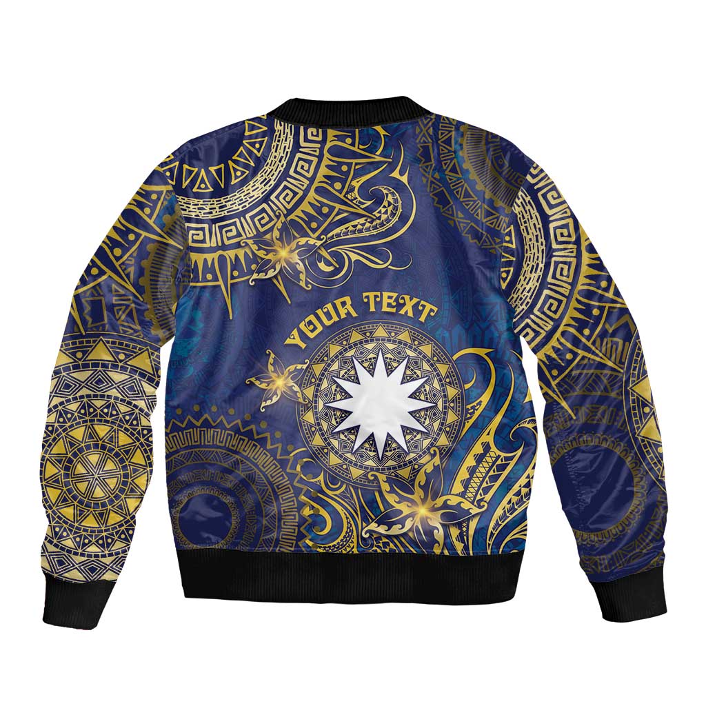 Personalised Nauru Sleeve Zip Bomber Jacket Hibiscus Polynesian Tribal Pattern