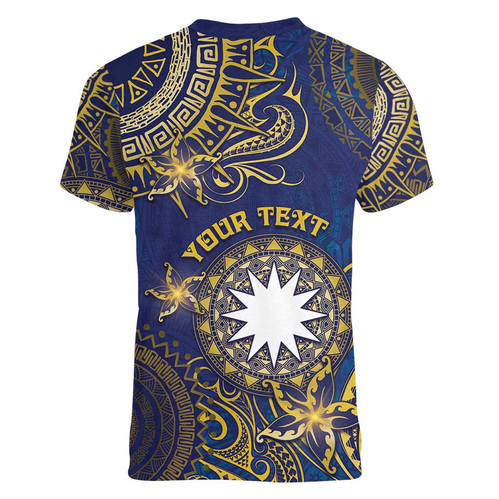 Personalised Nauru Women V-Neck T-Shirt Hibiscus Polynesian Tribal Pattern