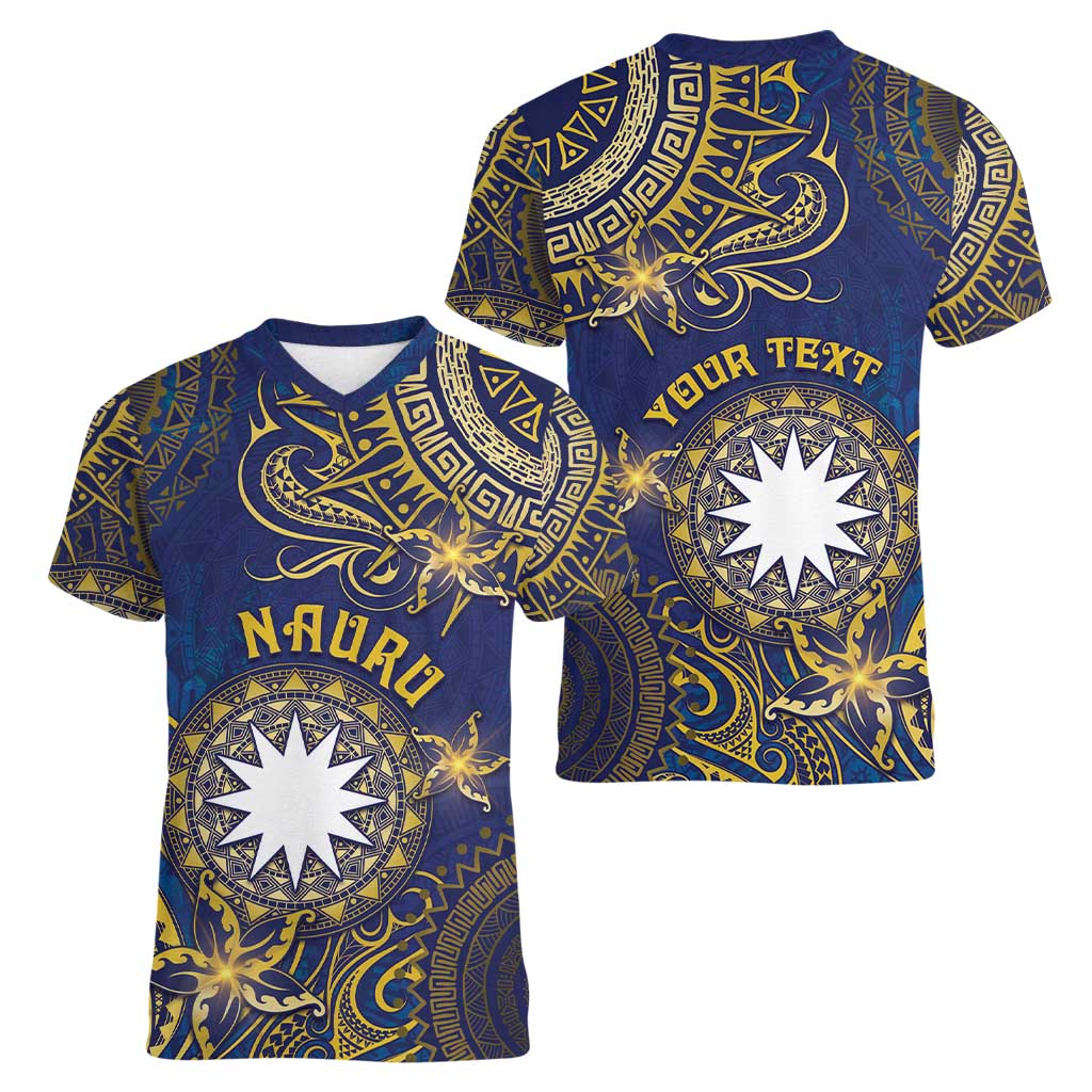 Personalised Nauru Women V-Neck T-Shirt Hibiscus Polynesian Tribal Pattern