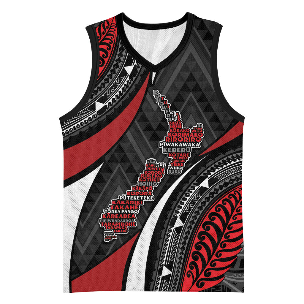 Aotearoa New Zealand Native Birds Map Basketball Jersey Silver Fern Tribal Pattern DT05 Unisex Red - Polynesian Pride