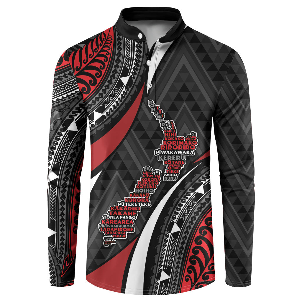 Aotearoa New Zealand Native Birds Map Button Sweatshirt Silver Fern Tribal Pattern DT05 Red - Polynesian Pride