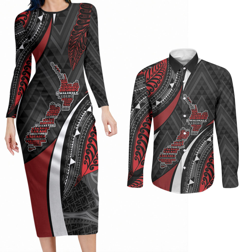 Aotearoa New Zealand Native Birds Map Couples Matching Long Sleeve Bodycon Dress and Long Sleeve Button Shirt Silver Fern Tribal Pattern DT05 Red - Polynesian Pride