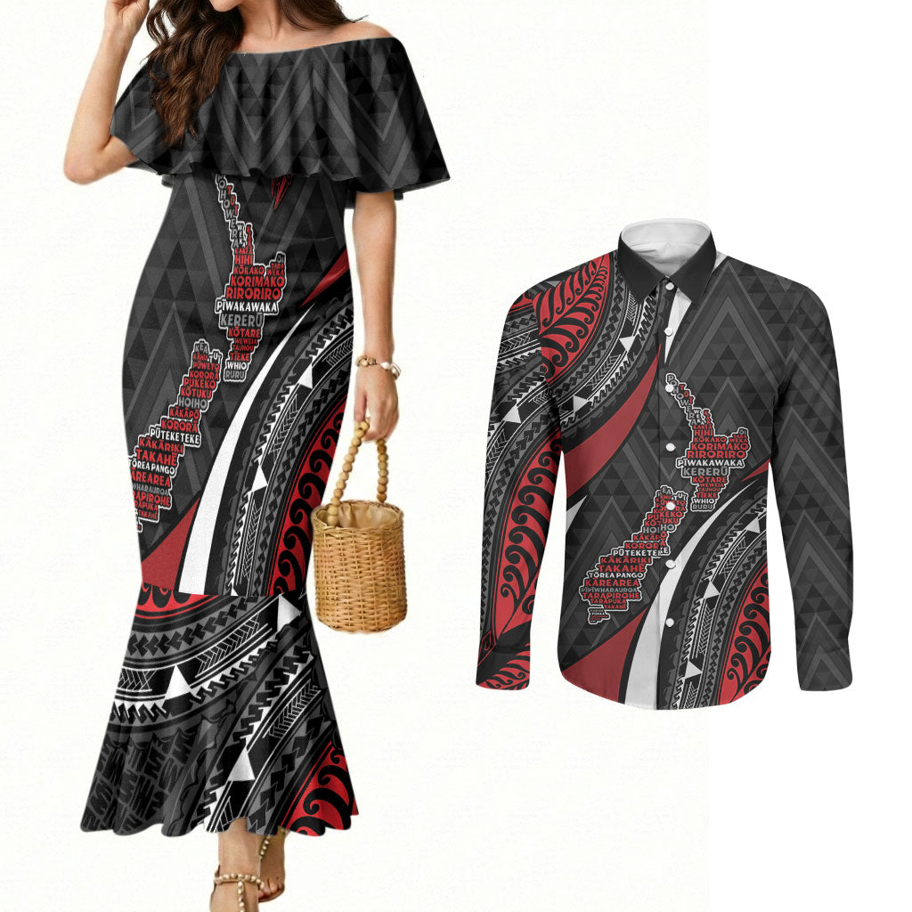 Aotearoa New Zealand Native Birds Map Couples Matching Mermaid Dress and Long Sleeve Button Shirt Silver Fern Tribal Pattern DT05 Red - Polynesian Pride