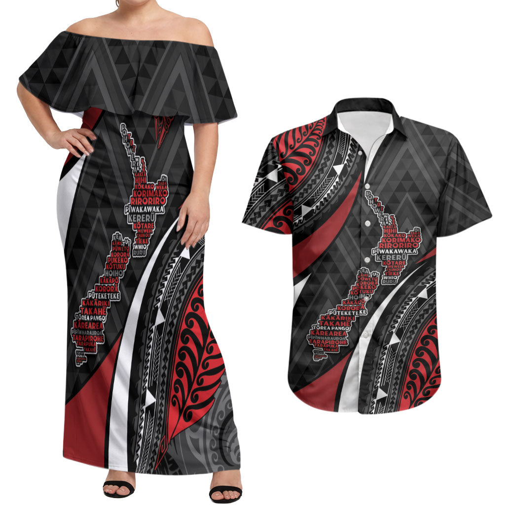Aotearoa New Zealand Native Birds Map Couples Matching Off Shoulder Maxi Dress and Hawaiian Shirt Silver Fern Tribal Pattern DT05 Red - Polynesian Pride