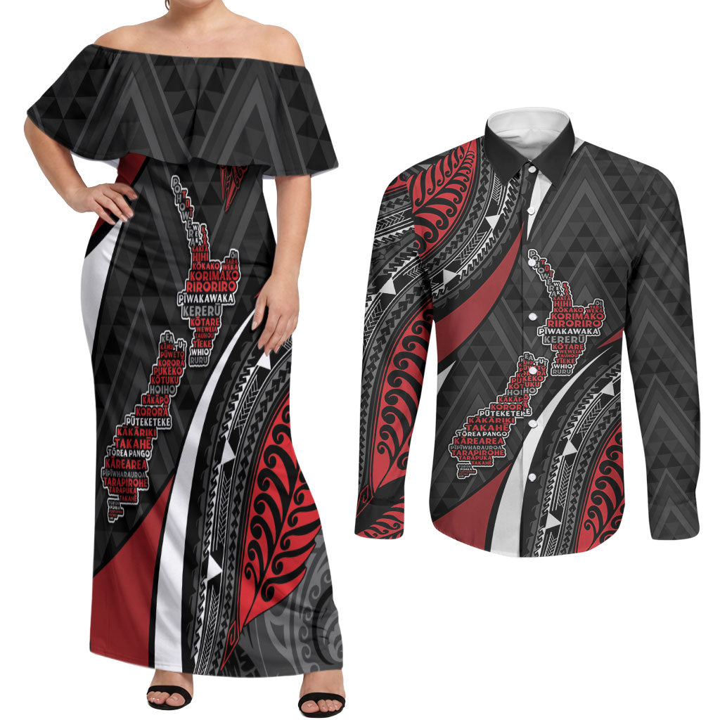 Aotearoa New Zealand Native Birds Map Couples Matching Off Shoulder Maxi Dress and Long Sleeve Button Shirt Silver Fern Tribal Pattern DT05 Red - Polynesian Pride