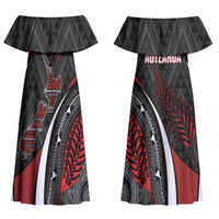 Aotearoa New Zealand Native Birds Map Couples Matching Off Shoulder Maxi Dress and Long Sleeve Button Shirt Silver Fern Tribal Pattern DT05 - Polynesian Pride