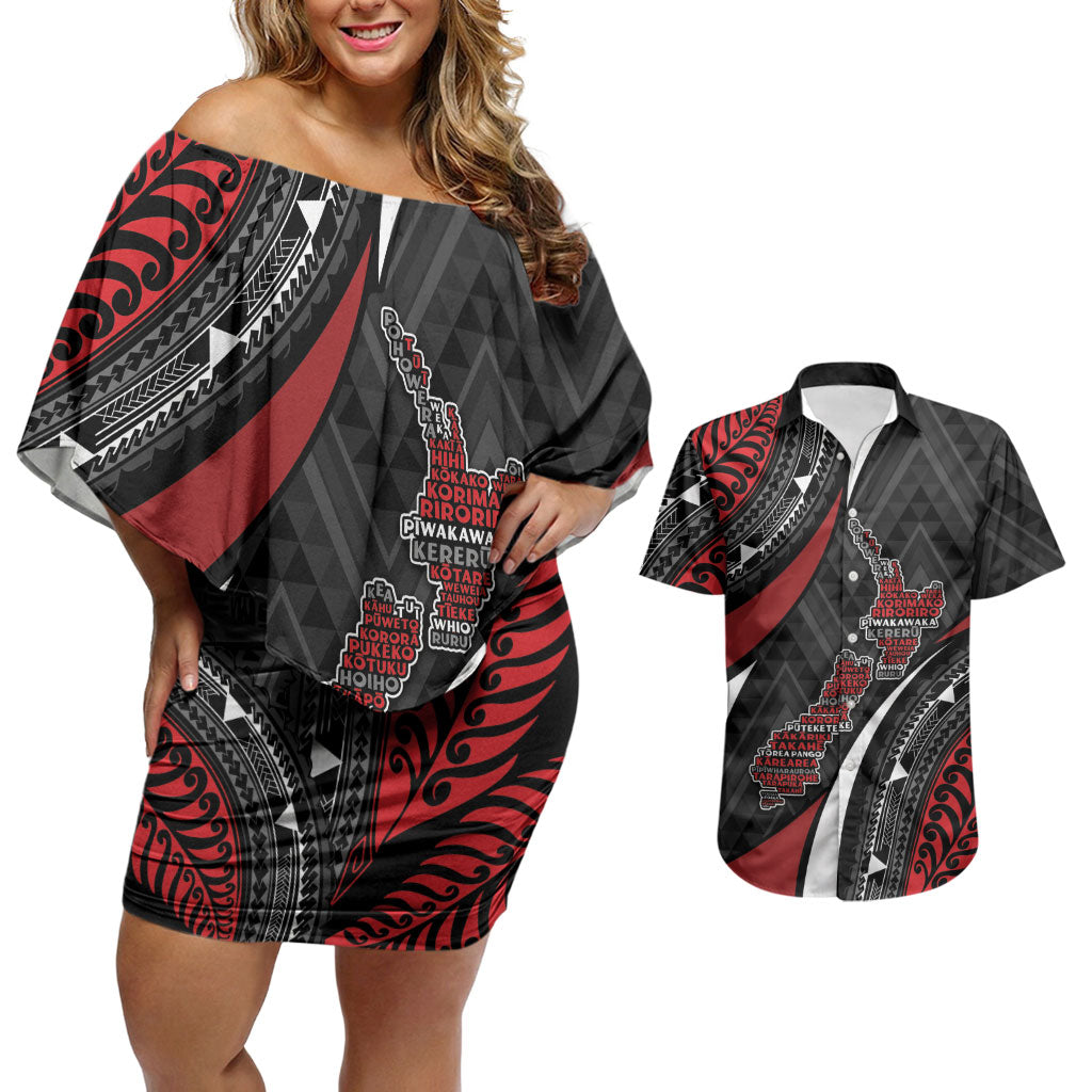 Aotearoa New Zealand Native Birds Map Couples Matching Off Shoulder Short Dress and Hawaiian Shirt Silver Fern Tribal Pattern DT05 Red - Polynesian Pride