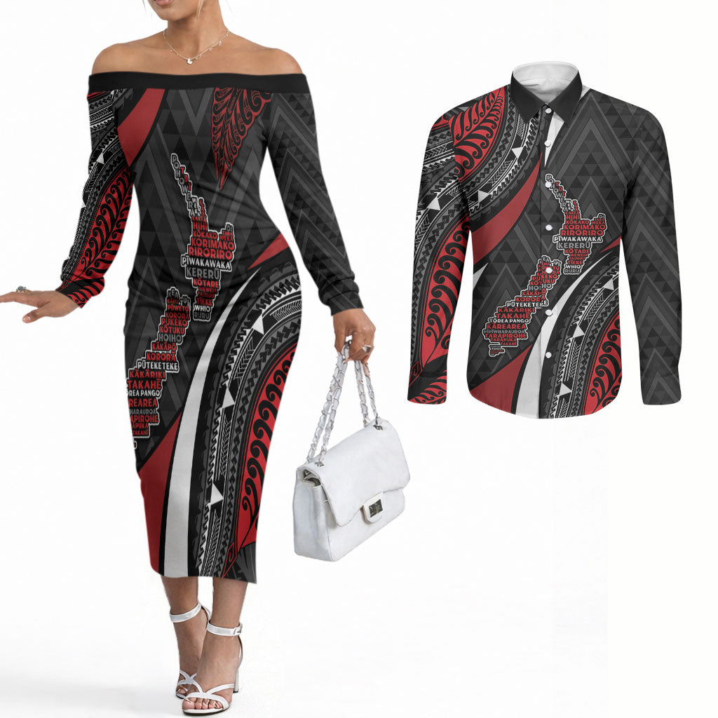 Aotearoa New Zealand Native Birds Map Couples Matching Off The Shoulder Long Sleeve Dress and Long Sleeve Button Shirt Silver Fern Tribal Pattern DT05 Red - Polynesian Pride