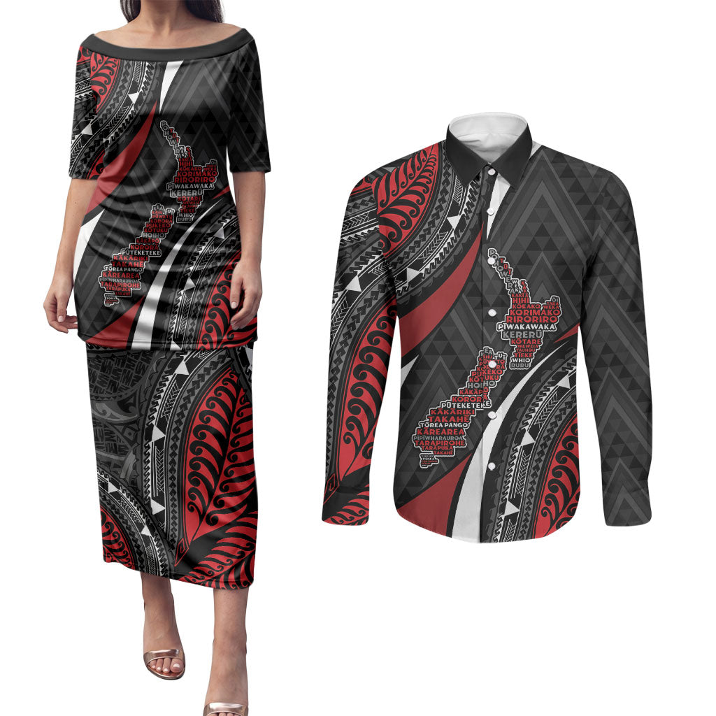 Aotearoa New Zealand Native Birds Map Couples Matching Puletasi and Long Sleeve Button Shirt Silver Fern Tribal Pattern DT05 Red - Polynesian Pride
