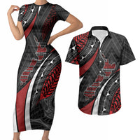 Aotearoa New Zealand Native Birds Map Couples Matching Short Sleeve Bodycon Dress and Hawaiian Shirt Silver Fern Tribal Pattern DT05 Red - Polynesian Pride