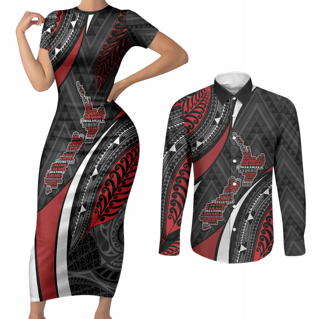Aotearoa New Zealand Native Birds Map Couples Matching Short Sleeve Bodycon Dress and Long Sleeve Button Shirt Silver Fern Tribal Pattern DT05 Red - Polynesian Pride