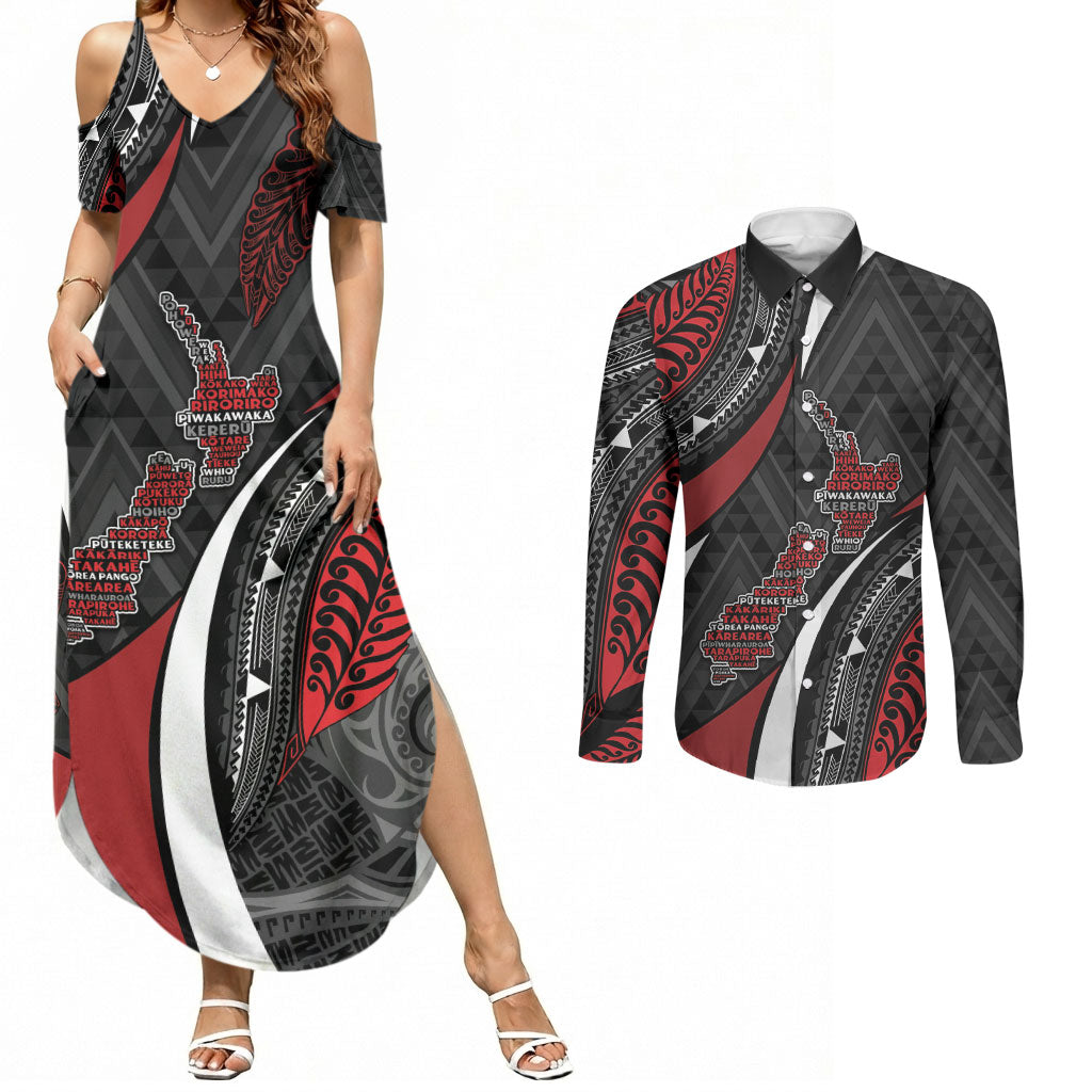 Aotearoa New Zealand Native Birds Map Couples Matching Summer Maxi Dress and Long Sleeve Button Shirt Silver Fern Tribal Pattern DT05 Red - Polynesian Pride